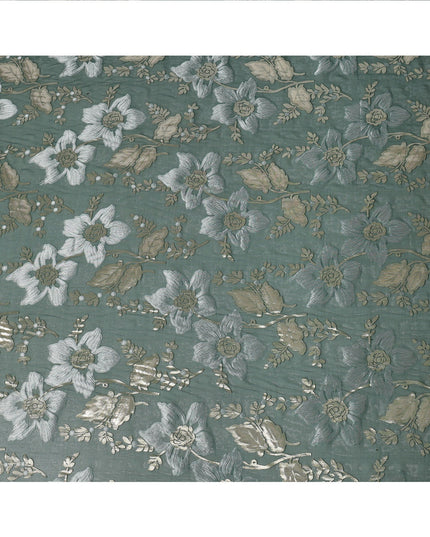 Sage Green Floral Patterned Silk Chiffon Fabric with Metallic Lurex, 140 Cms Width, Made in South Korea-D26344