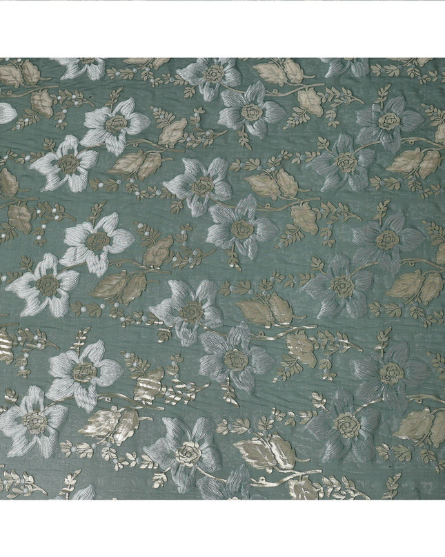 Sage Green Floral Patterned Silk Chiffon Fabric with Metallic Lurex, 140 Cms Width, Made in South Korea-D26344