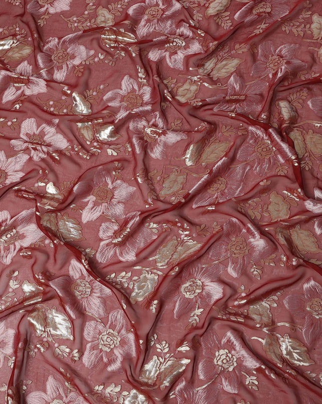 Dusty Rose Floral Patterned Silk Chiffon Fabric with Metallic Lurex, 140 Cms Width, Made in South Korea-D26342
