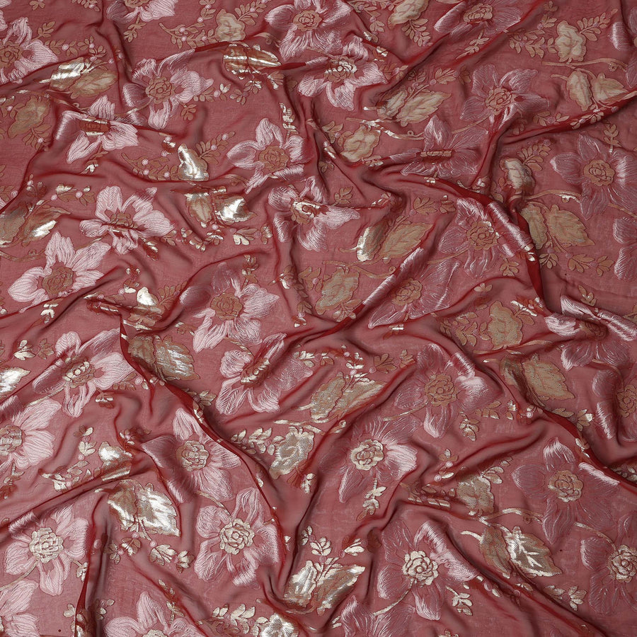Dusty Rose Floral Patterned Silk Chiffon Fabric with Metallic Lurex, 140 Cms Width, Made in South Korea-D26342