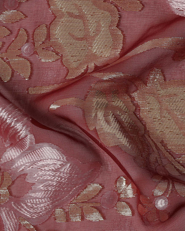 Dusty Rose Floral Patterned Silk Chiffon Fabric with Metallic Lurex, 140 Cms Width, Made in South Korea-D26342