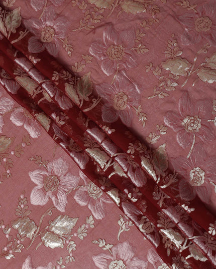 Dusty Rose Floral Patterned Silk Chiffon Fabric with Metallic Lurex, 140 Cms Width, Made in South Korea-D26342