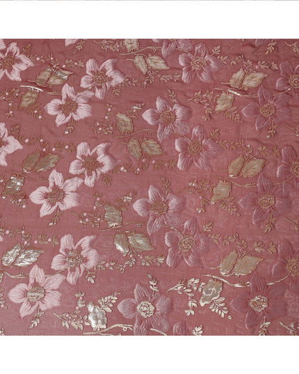 Dusty Rose Floral Patterned Silk Chiffon Fabric with Metallic Lurex, 140 Cms Width, Made in South Korea-D26342