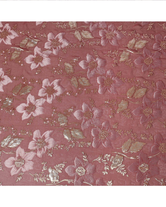 Dusty Rose Floral Patterned Silk Chiffon Fabric with Metallic Lurex, 140 Cms Width, Made in South Korea-D26342