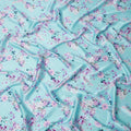 Aqua Blue Floral Printed Premium Pure Silk Satin Fabric with Pastel Blossom Design, 140 cms Width, Made in Italy-D26309