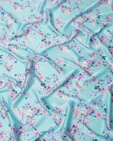 Aqua Blue Floral Printed Premium Pure Silk Satin Fabric with Pastel Blossom Design, 140 cms Width, Made in Italy-D26309