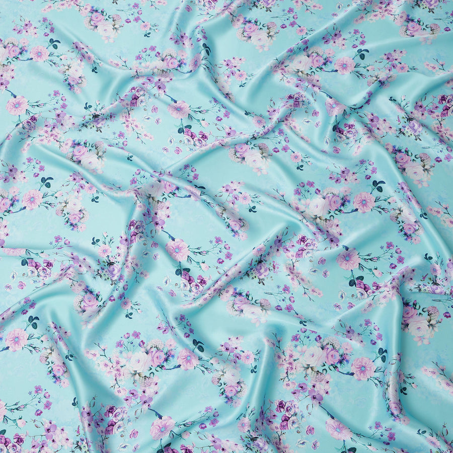 Aqua Blue Floral Printed Premium Pure Silk Satin Fabric with Pastel Blossom Design, 140 cms Width, Made in Italy-D26309