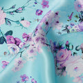 Aqua Blue Floral Printed Premium Pure Silk Satin Fabric with Pastel Blossom Design, 140 cms Width, Made in Italy-D26309