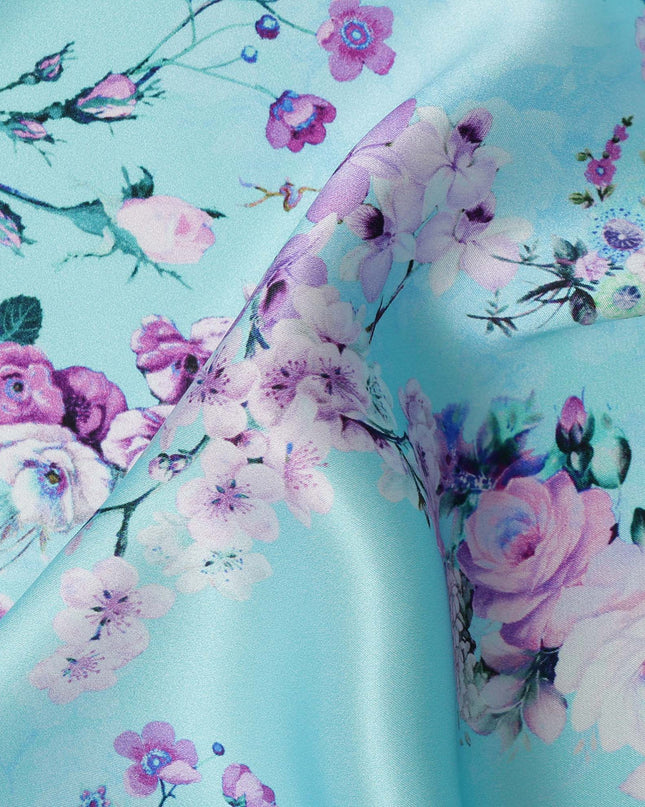 Aqua Blue Floral Printed Premium Pure Silk Satin Fabric with Pastel Blossom Design, 140 cms Width, Made in Italy-D26309