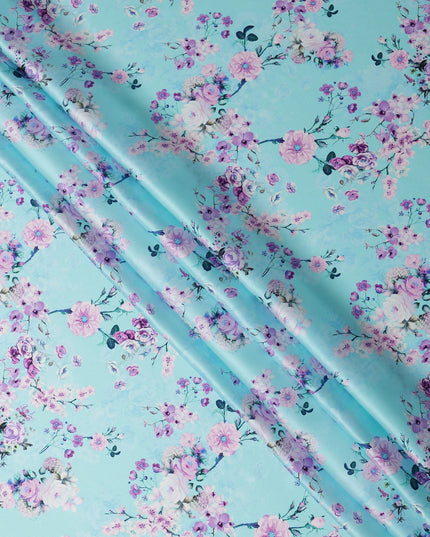 Aqua Blue Floral Printed Premium Pure Silk Satin Fabric with Pastel Blossom Design, 140 cms Width, Made in Italy-D26309