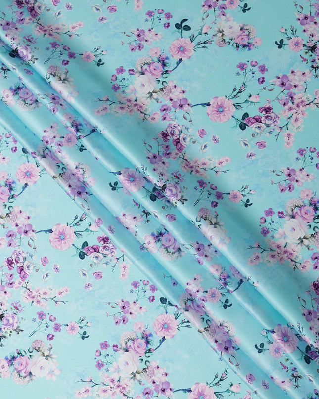 Aqua Blue Floral Printed Premium Pure Silk Satin Fabric with Pastel Blossom Design, 140 cms Width, Made in Italy-D26309