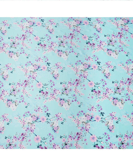 Aqua Blue Floral Printed Premium Pure Silk Satin Fabric with Pastel Blossom Design, 140 cms Width, Made in Italy-D26309
