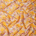 Golden Yellow Floral Printed Premium Pure Silk Satin Fabric with Pastel Blossom Design, 140 cms Width, Made in Italy-D26310