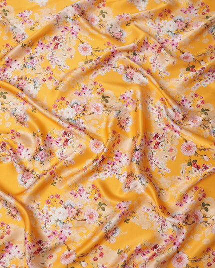 Golden Yellow Floral Printed Premium Pure Silk Satin Fabric with Pastel Blossom Design, 140 cms Width, Made in Italy-D26310