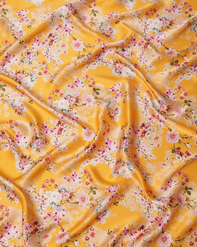 Golden Yellow Floral Printed Premium Pure Silk Satin Fabric with Pastel Blossom Design, 140 cms Width, Made in Italy-D26310