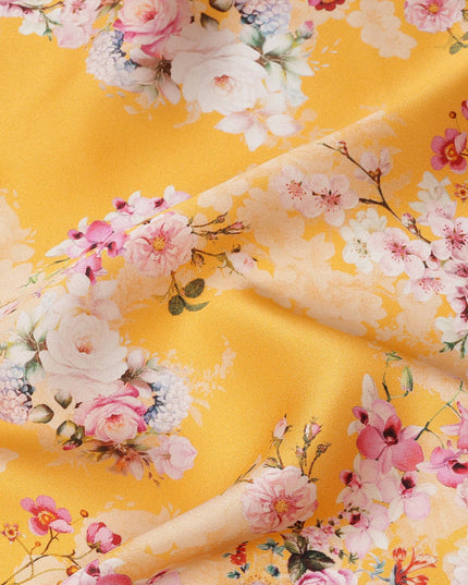 Golden Yellow Floral Printed Premium Pure Silk Satin Fabric with Pastel Blossom Design, 140 cms Width, Made in Italy-D26310