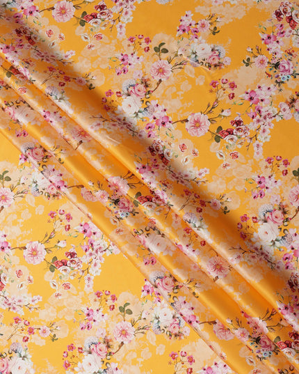Golden Yellow Floral Printed Premium Pure Silk Satin Fabric with Pastel Blossom Design, 140 cms Width, Made in Italy-D26310
