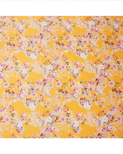 Golden Yellow Floral Printed Premium Pure Silk Satin Fabric with Pastel Blossom Design, 140 cms Width, Made in Italy-D26310