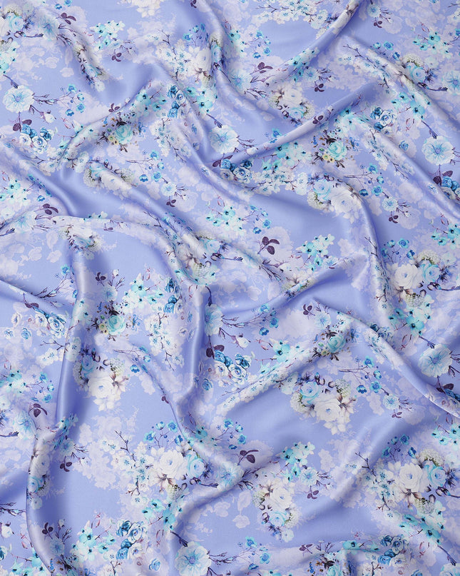 Lavender Blue Floral Printed Premium Pure Silk Satin Fabric with Pastel Blossom Design, 140 cms Width, Made in Italy-D26311