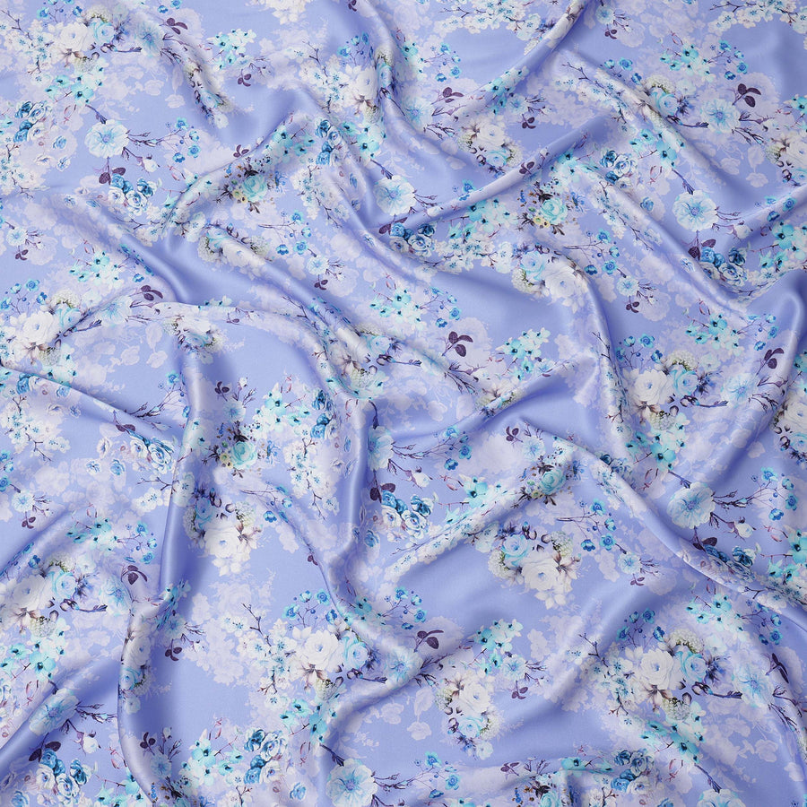 Lavender Blue Floral Printed Premium Pure Silk Satin Fabric with Pastel Blossom Design, 140 cms Width, Made in Italy-D26311