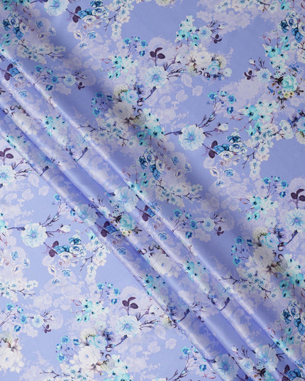 Lavender Blue Floral Printed Premium Pure Silk Satin Fabric with Pastel Blossom Design, 140 cms Width, Made in Italy-D26311