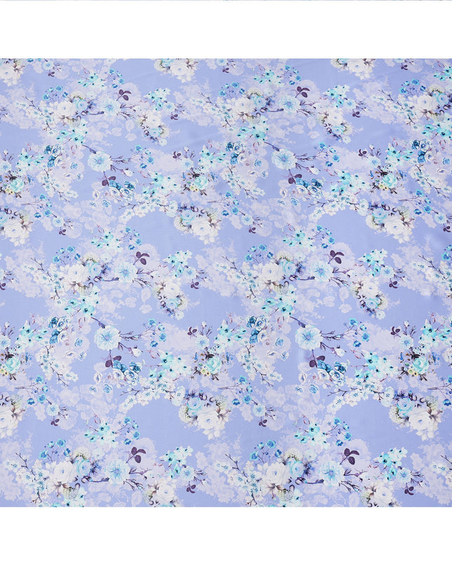 Lavender Blue Floral Printed Premium Pure Silk Satin Fabric with Pastel Blossom Design, 140 cms Width, Made in Italy-D26311