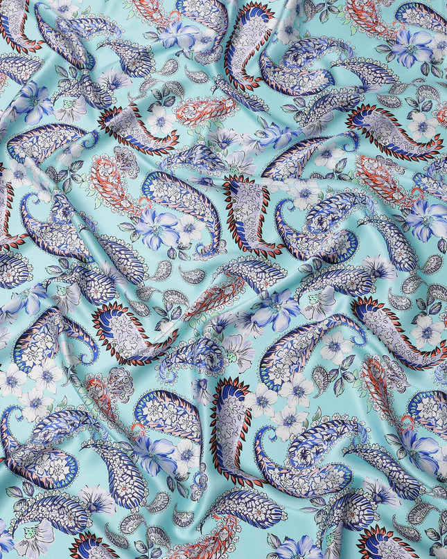Aqua Blue Paisley and Floral Printed Premium Pure Silk Satin Fabric with Intricate Multicolor Design, 140 cms Width, Made in Italy-D26313