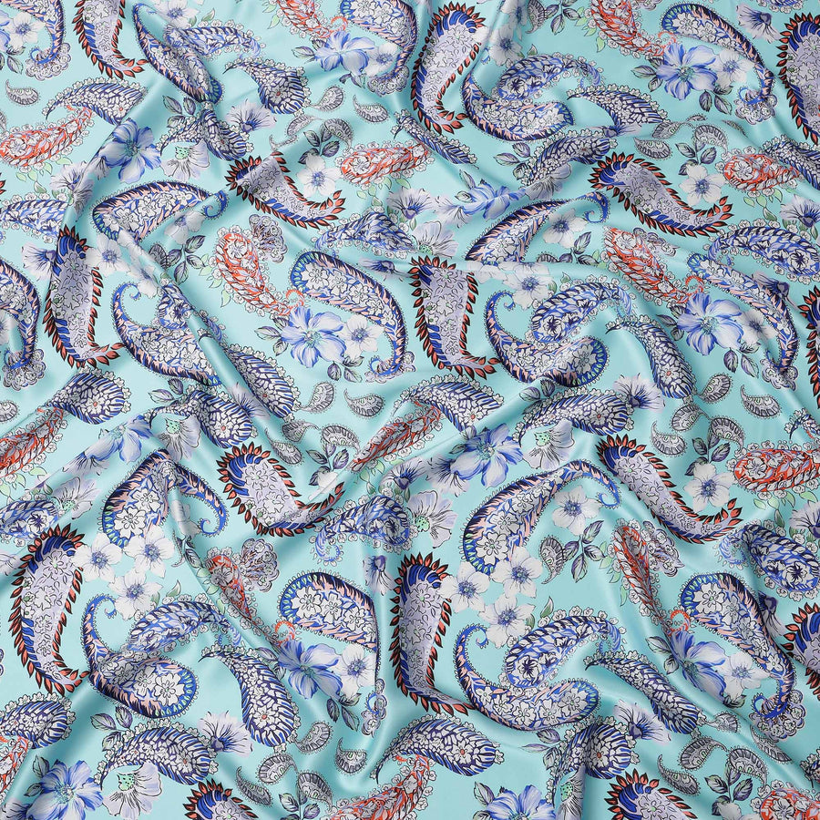 Aqua Blue Paisley and Floral Printed Premium Pure Silk Satin Fabric with Intricate Multicolor Design, 140 cms Width, Made in Italy-D26313