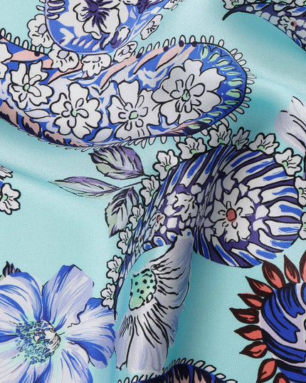 Aqua Blue Paisley and Floral Printed Premium Pure Silk Satin Fabric with Intricate Multicolor Design, 140 cms Width, Made in Italy-D26313