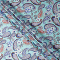 Aqua Blue Paisley and Floral Printed Premium Pure Silk Satin Fabric with Intricate Multicolor Design, 140 cms Width, Made in Italy-D26313