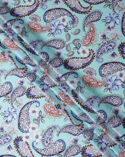 Aqua Blue Paisley and Floral Printed Premium Pure Silk Satin Fabric with Intricate Multicolor Design, 140 cms Width, Made in Italy-D26313