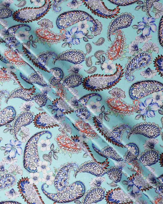 Aqua Blue Paisley and Floral Printed Premium Pure Silk Satin Fabric with Intricate Multicolor Design, 140 cms Width, Made in Italy-D26313