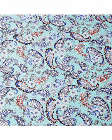Aqua Blue Paisley and Floral Printed Premium Pure Silk Satin Fabric with Intricate Multicolor Design, 140 cms Width, Made in Italy-D26313