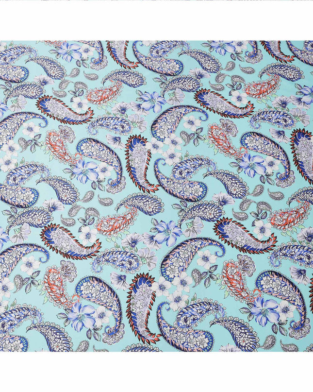 Aqua Blue Paisley and Floral Printed Premium Pure Silk Satin Fabric with Intricate Multicolor Design, 140 cms Width, Made in Italy-D26313
