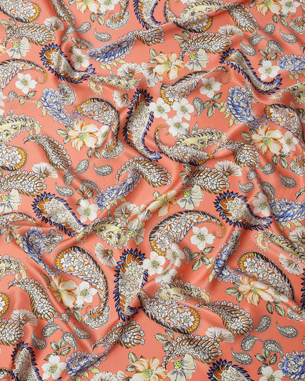 Peach Paisley and Floral Printed Premium Pure Silk Satin Fabric with Multicolor Ornate Design, 140 cms Width, Made in Italy-D26307