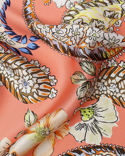 Peach Paisley and Floral Printed Premium Pure Silk Satin Fabric with Multicolor Ornate Design, 140 cms Width, Made in Italy-D26307