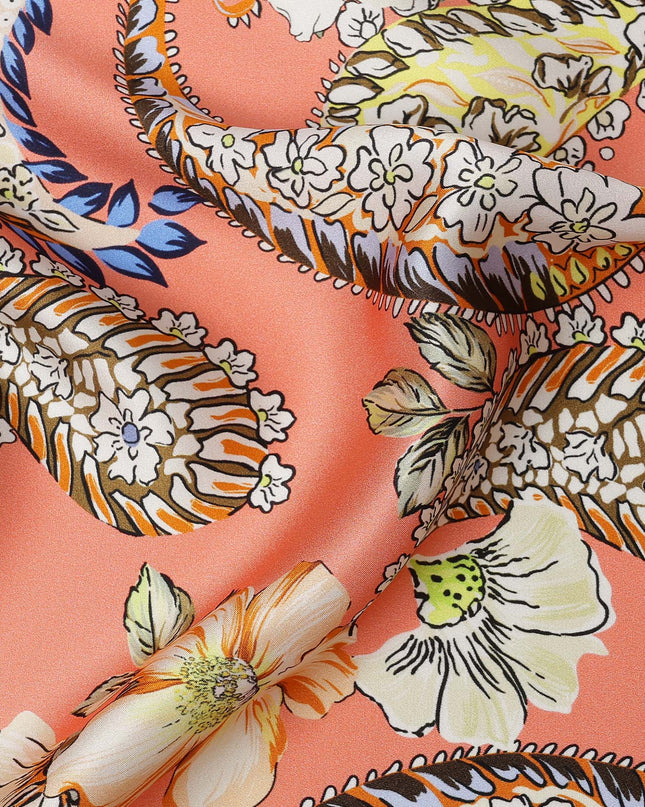 Peach Paisley and Floral Printed Premium Pure Silk Satin Fabric with Multicolor Ornate Design, 140 cms Width, Made in Italy-D26307