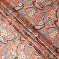Peach Paisley and Floral Printed Premium Pure Silk Satin Fabric with Multicolor Ornate Design, 140 cms Width, Made in Italy-D26307