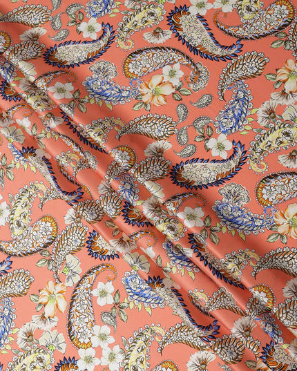 Peach Paisley and Floral Printed Premium Pure Silk Satin Fabric with Multicolor Ornate Design, 140 cms Width, Made in Italy-D26307