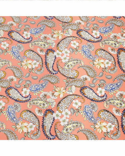 Peach Paisley and Floral Printed Premium Pure Silk Satin Fabric with Multicolor Ornate Design, 140 cms Width, Made in Italy-D26307