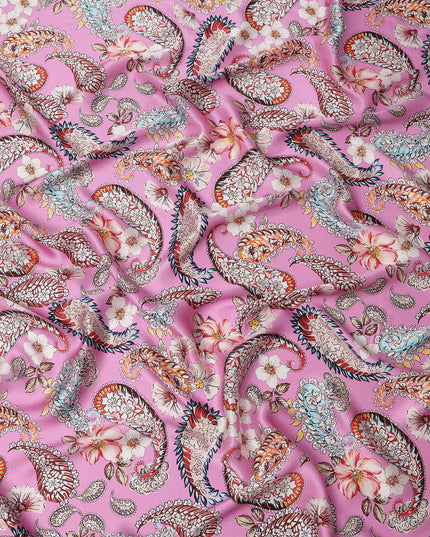 Pink Paisley and Floral Printed Premium Pure Silk Satin Fabric with Multicolor Ornate Design, 140 cms Width, Made in Italy-D26306