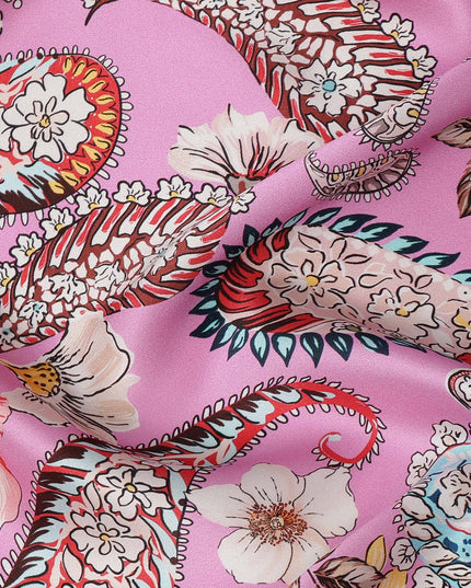 Pink Paisley and Floral Printed Premium Pure Silk Satin Fabric with Multicolor Ornate Design, 140 cms Width, Made in Italy-D26306