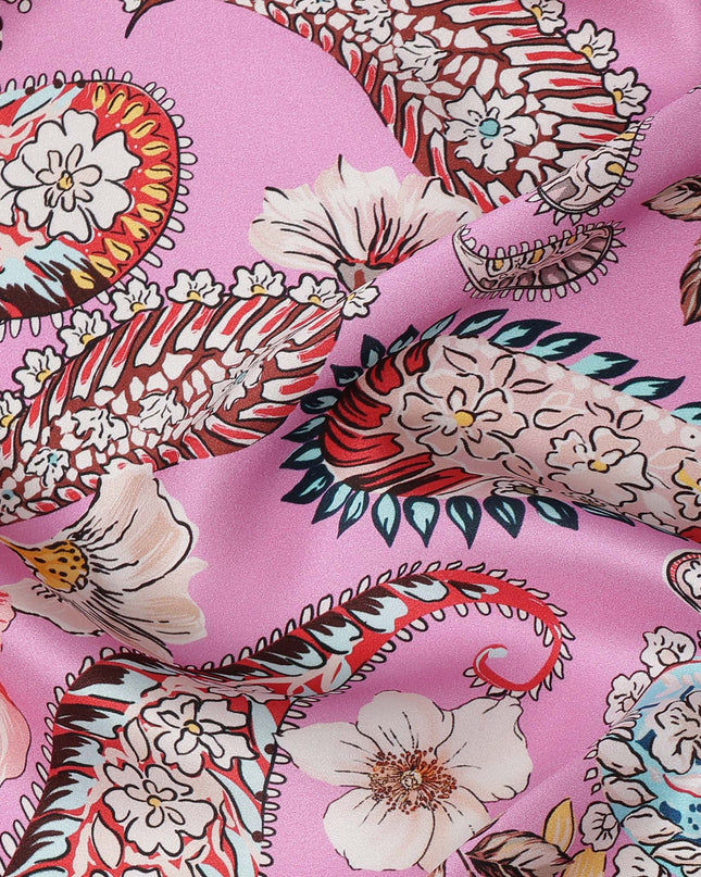 Pink Paisley and Floral Printed Premium Pure Silk Satin Fabric with Multicolor Ornate Design, 140 cms Width, Made in Italy-D26306
