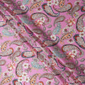 Pink Paisley and Floral Printed Premium Pure Silk Satin Fabric with Multicolor Ornate Design, 140 cms Width, Made in Italy-D26306
