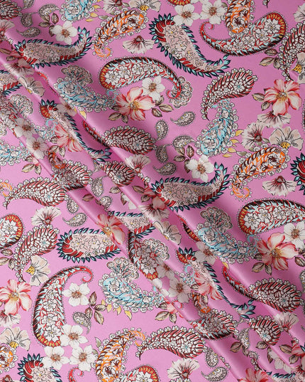 Pink Paisley and Floral Printed Premium Pure Silk Satin Fabric with Multicolor Ornate Design, 140 cms Width, Made in Italy-D26306