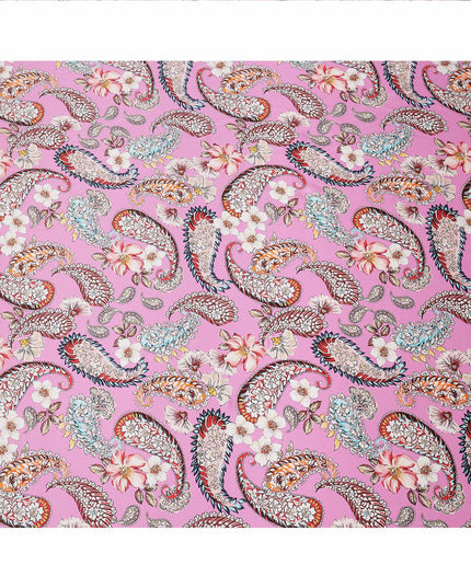 Pink Paisley and Floral Printed Premium Pure Silk Satin Fabric with Multicolor Ornate Design, 140 cms Width, Made in Italy-D26306