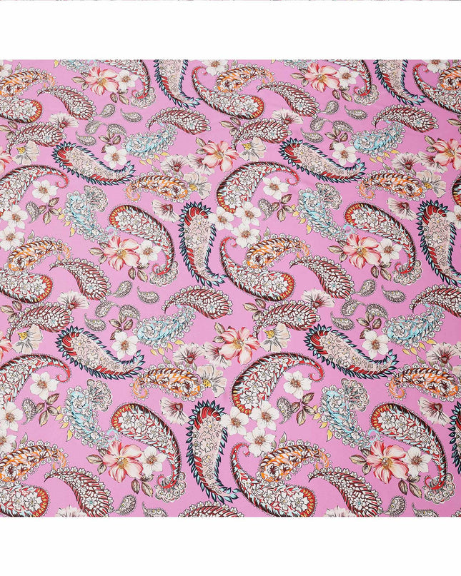 Pink Paisley and Floral Printed Premium Pure Silk Satin Fabric with Multicolor Ornate Design, 140 cms Width, Made in Italy-D26306