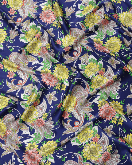 Navy Blue Floral and Paisley Printed Premium Pure Silk Satin Fabric with Ornate Multicolor Design, 140 cms Width, Made in Italy-D26312