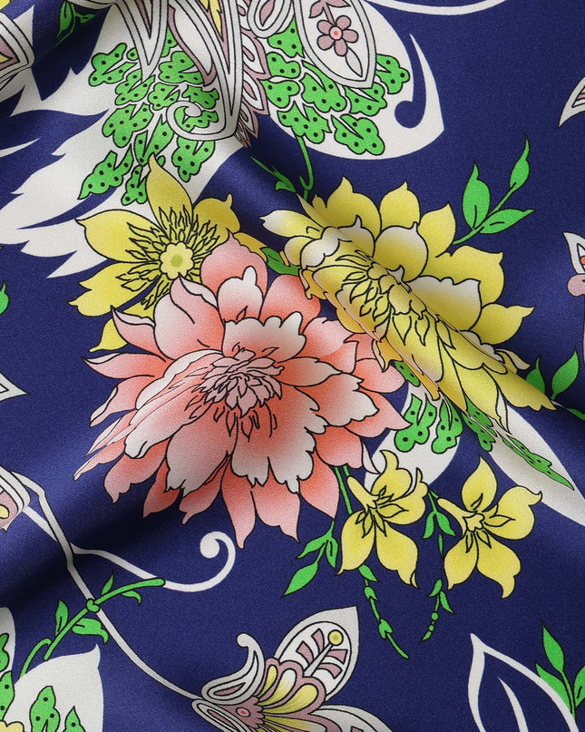 Navy Blue Floral and Paisley Printed Premium Pure Silk Satin Fabric with Ornate Multicolor Design, 140 cms Width, Made in Italy-D26312