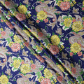 Navy Blue Floral and Paisley Printed Premium Pure Silk Satin Fabric with Ornate Multicolor Design, 140 cms Width, Made in Italy-D26312